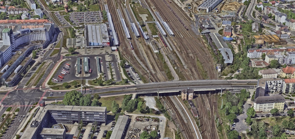 Der&nbsp;Cottbusser Hauptbahnhof im 3D-Stadtmodell. Quelle: Stadt Cottbus/Chóśebuz