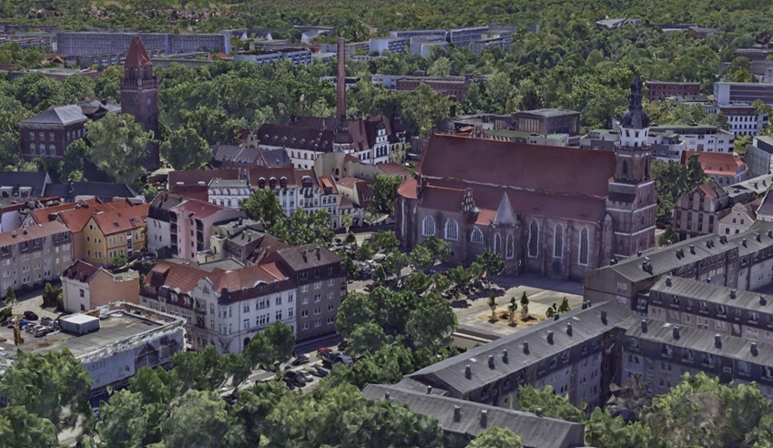 Blick auf die&nbsp;Oberkirche St. Nikolai im hochaufgelösten 3D-Mesh. Quelle: Stadt Cottbus/Chóśebuz
