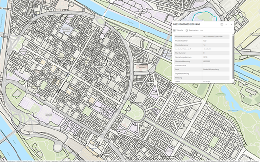 Digitale Stadtkarte von Mannheim mit Straßenraster, Neckar‑ und Rheinufer sowie eingeblendeten Flurstücks‑ und Grundstücksdaten.
