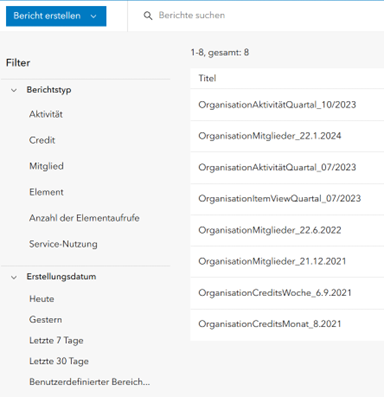 Screenshot von Berichtstypen die es in ArcGIS gibt.