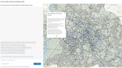 Webanwendung mit interaktiver Karte der Berliner Stadtteile 2025 und integriertem Chat-Assistenten zur Analyse von Verkaufsstellen anhand geographischer Muster und Standortdaten.