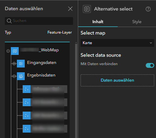 Abbildung 2: Verbindung mit Karten-Widget sowie Layer aus gewählter Karte im Backend des Custom Widgets