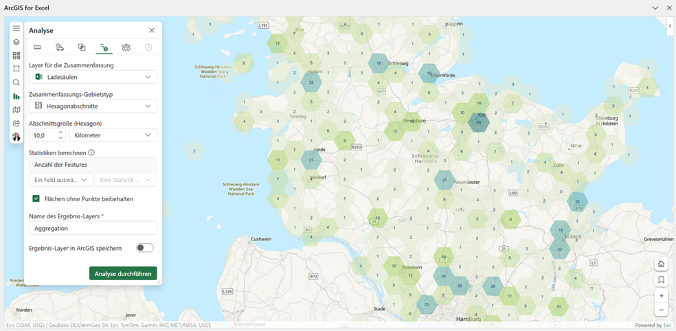 Räumliche Aggregation der Ladesäulenpunkte in 10 km Hexagonen