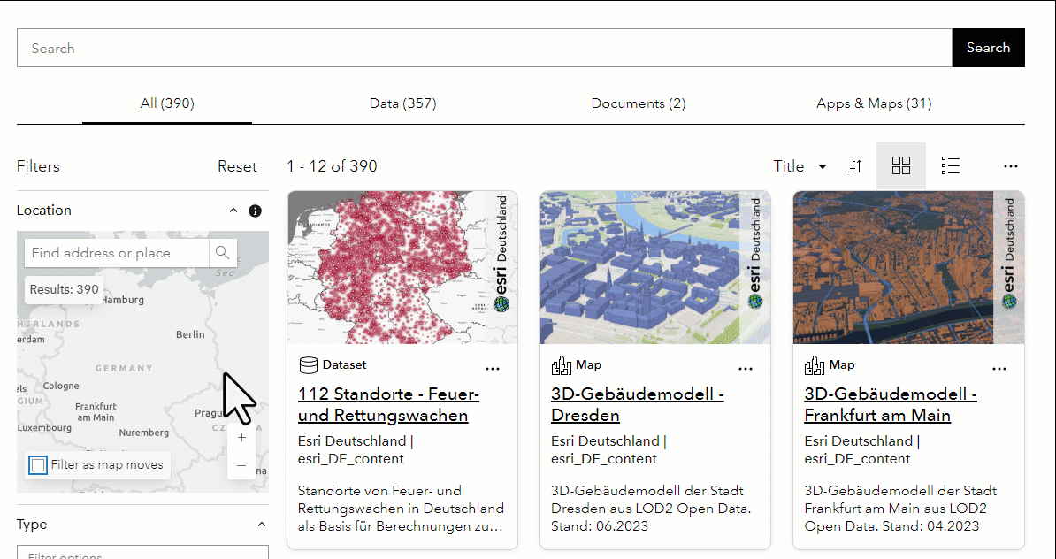Filtern nach räumlichen Kriterien mit Kartenfenster im Esri Deutschland Open Data Portal