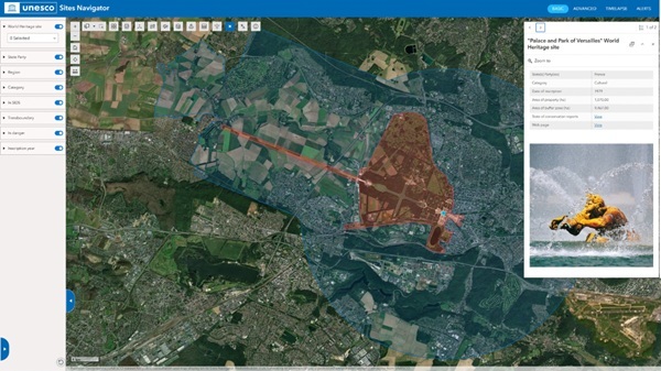 Satellitenkarte im UNESCO Sites Navigator mit farblich markiertem Schutzgebiet und umliegender Landschaft.