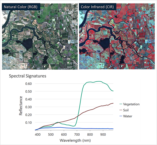 Vergleich derselben Landschaft in natürlicher Farbdarstellung (RGB) und Falschfarbendarstellung (Color Infrared) sowie Diagramm der Spektralsignaturen von Vegetation, Boden und Wasser über verschiedene Wellenlängen.