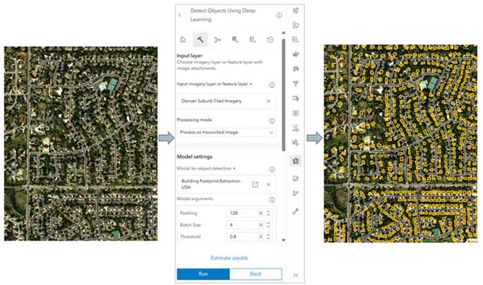 GeoAI-Workflow in ArcGIS Online: Ein Deep-Learning-Modell analysiert Luftbilddaten und erkennt automatisch Gebäude, die im Ergebnisbild als gelbe Umrisse dargestellt werden.