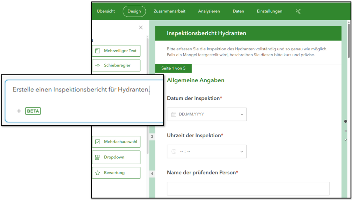 KI-Assistent im ArcGIS Survey123 Form Designer erstellt automatisch einen Inspektionsbericht für Hydranten mit Hilfe natürlicher Spracheingaben.