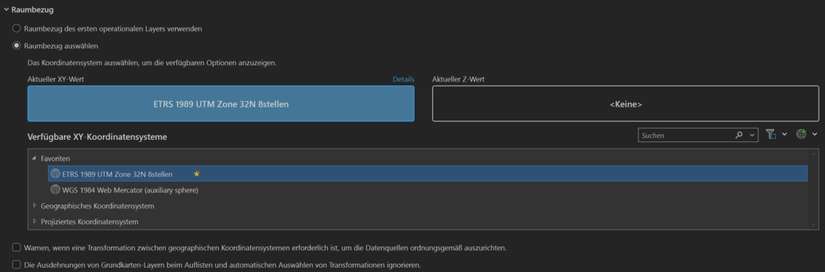 Einstellen eines Standard-Koordinatensystems für neue Karten (Optionen à Karte und Szene à Raumbezug) 
