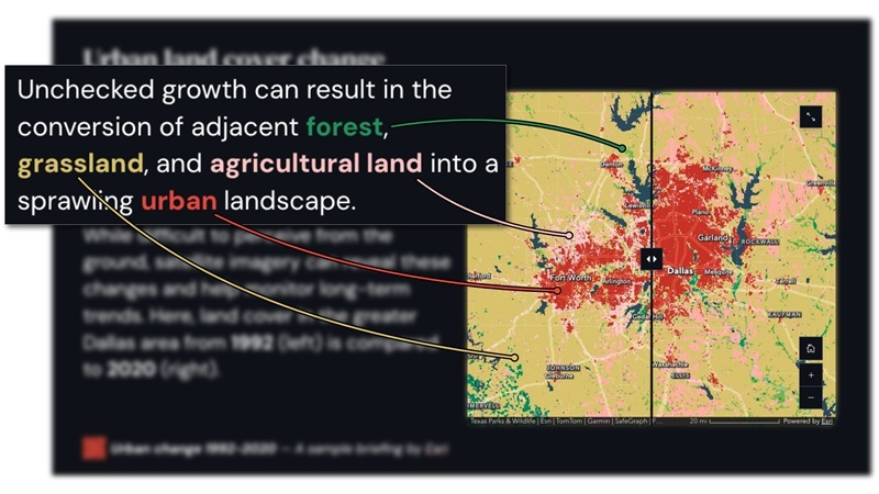 Beispiel für Farbkodierung im Storytelling: Ein Textausschnitt, in dem Begriffe wie „forest“, „grassland“, „agricultural land“ und „urban“ farblich hervorgehoben sind, ist mit einer Karte kombiniert, auf der dieselben Kategorien in entsprechenden Farben dargestellt und durch Linien miteinander verbunden werden.