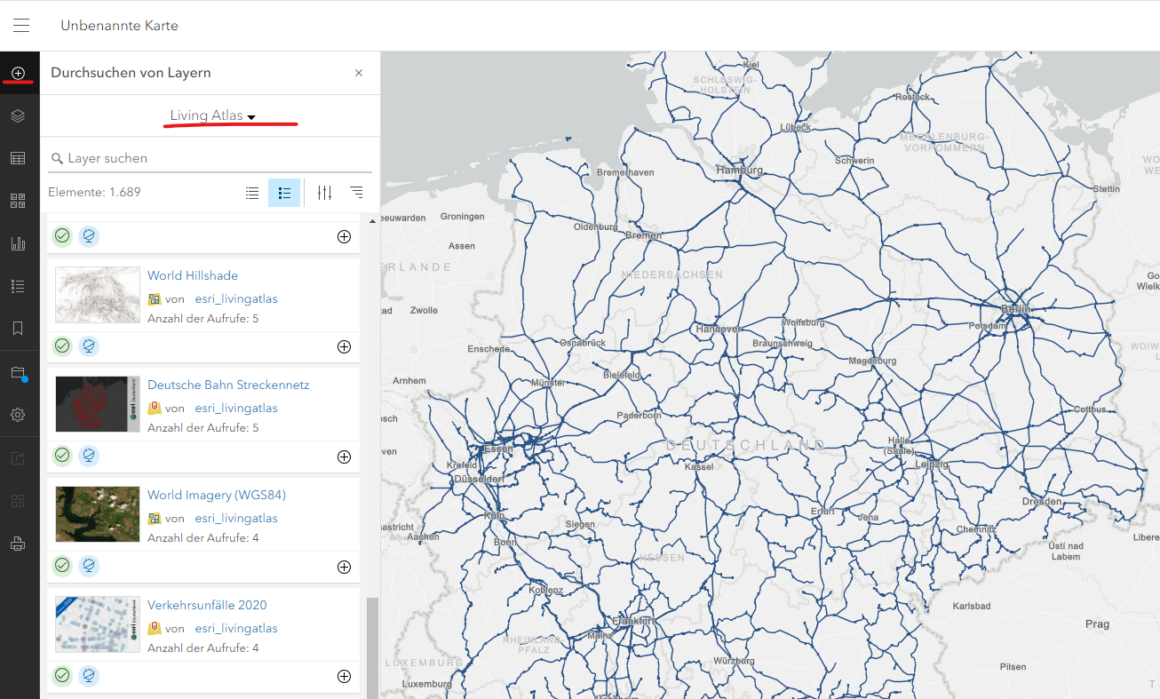 Suchen, Filtern und Hinzufügen von Living Atlas-Inhalten im neuen Map Viewer des ArcGIS Enterprise Portals 