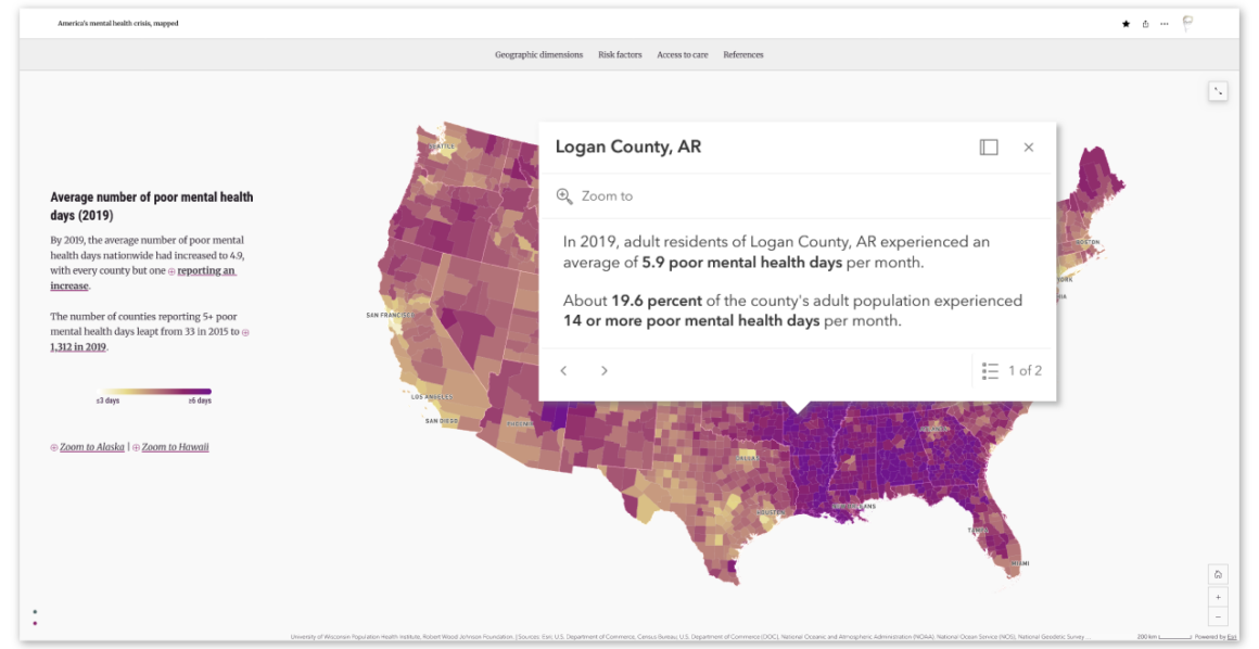 Thematische Karte der USA zur psychischen Gesundheit auf Landkreisebene. Die Landkreise sind farblich nach der durchschnittlichen Anzahl psychisch belastender Tage pro Monat dargestellt. Ein geöffnetes Pop-up für Logan County, Arkansas, fasst die wichtigsten Kennzahlen in verständlicher Sprache zusammen und erläutert sowohl die durchschnittliche Anzahl psychisch belastender Tage als auch den Anteil der erwachsenen Bevölkerung mit mindestens 14 solchen Tagen pro Monat.