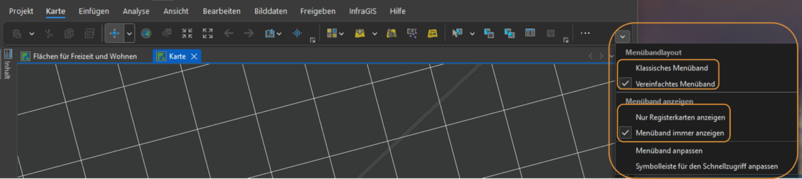 Abbildung 2: Layout und Anzeige des Menübands einstellen.