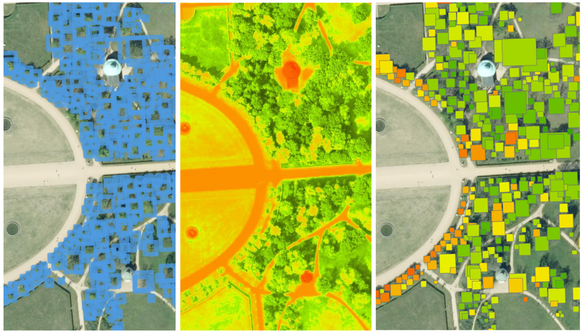 Detektion von Bäumen mittels Deep Learning Algorithmen und Aggregierung des NDVI pro Baum durch die Berechnung zonaler Statistiken. So kann die Baumgesundheit ermittelt werden um beispielsweise geeignete Pflegemaßnahmen einzuleiten