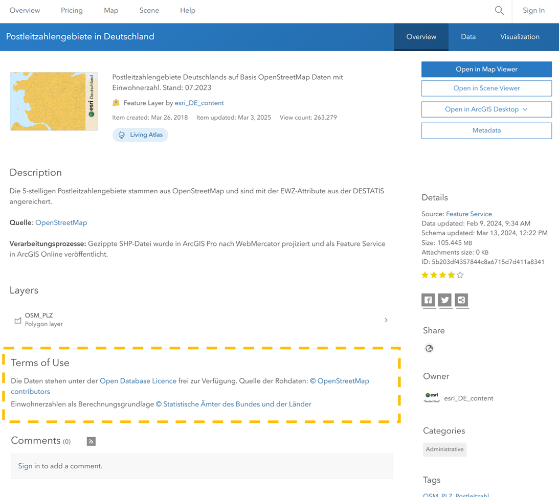 Nutzungsbedingungen für den Layer „Postleitzahlengebiete in Deutschland“, der sowohl in ArcGIS Online als auch im Living Atlas zur Verfügung steht.