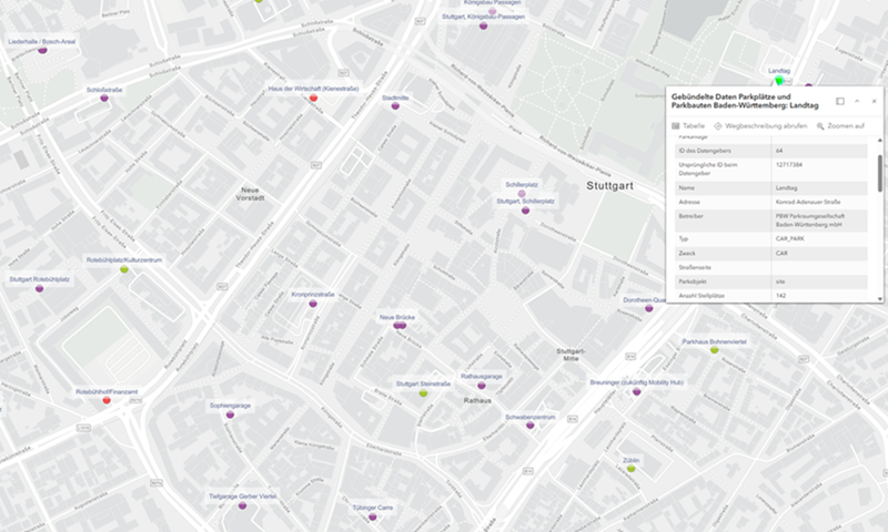 Interaktive Karte der Parkplätze und Parkhäuser in Stuttgart mit ausgewählten Standorten und Detailinformationen zu einer Parkanlage.