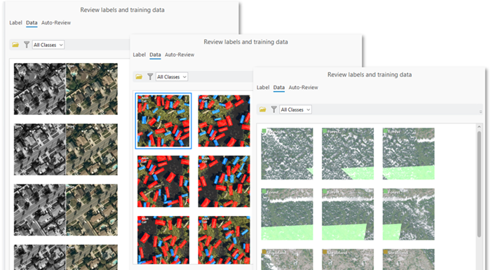 Benutzeroberfläche zur erweiterten Überprüfung von Trainingsdaten in ArcGIS Pro, mit mehreren Bildkacheln und farblich markierten Objekten zur Qualitätskontrolle verschiedener Deep-Learning-Aufgabentypen.