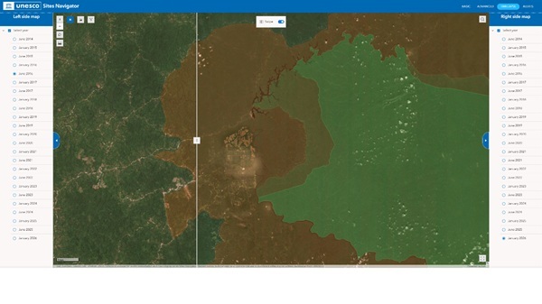 Vergleichsansicht im UNESCO Sites Navigator mit Satellitenkarten, die Veränderungen der Landnutzung über die Zeit darstellen.