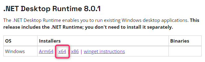 Option x64 im Abschnitt .NET Desktop Runtime finden und installieren