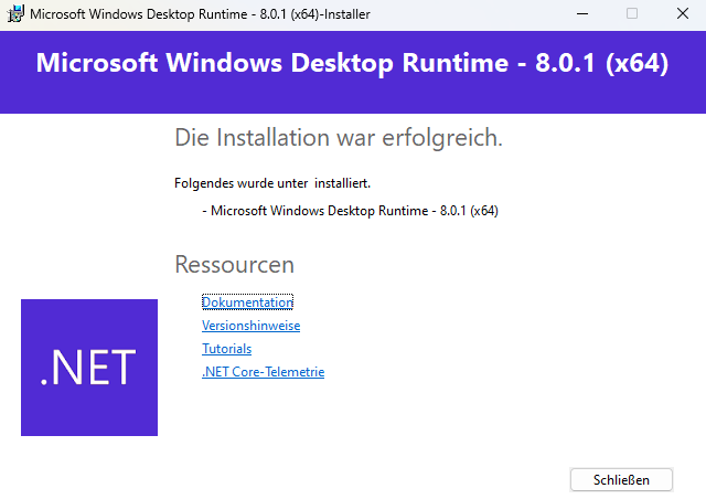 Ausgabefenster bei erfolgreicher Installlation von .NET8 für ArcGIS Pro