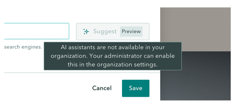 Screenshot aus ArcGIS StoryMaps mit einem Hinweisfenster über der Funktion für KI-Assistenten. Die eingeblendete Meldung lautet: „AI assistants are not available in your organization. Your administrator can enable this in the organization settings.“ Die Schaltflächen „Suggest“, „Preview“, „Cancel“ und „Save“ sind sichtbar. Der Screenshot veranschaulicht, dass die KI-Assistenten erst nach Aktivierung durch die Administration der Organisation genutzt werden können.