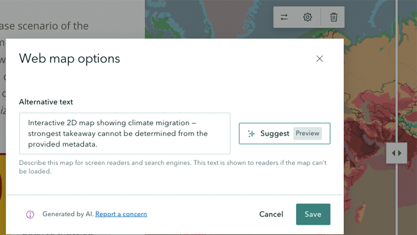 Screenshot des Dialogfensters „Web map options“ in ArcGIS StoryMaps. Im Feld für den Alternativtext wurde vom KI-Assistenten der Vorschlag „Interactive 2D map showing climate migration – strongest takeaway cannot be determined from the provided metadata“ erstellt. Rechts neben dem Eingabefeld befindet sich die Schaltfläche „Suggest“. Das Beispiel zeigt, dass die Qualität der Vorschläge von den verfügbaren Metadaten des ArcGIS-Elements abhängt und bei unvollständigen Informationen nur allgemeine Beschreibungen erzeugt werden können.