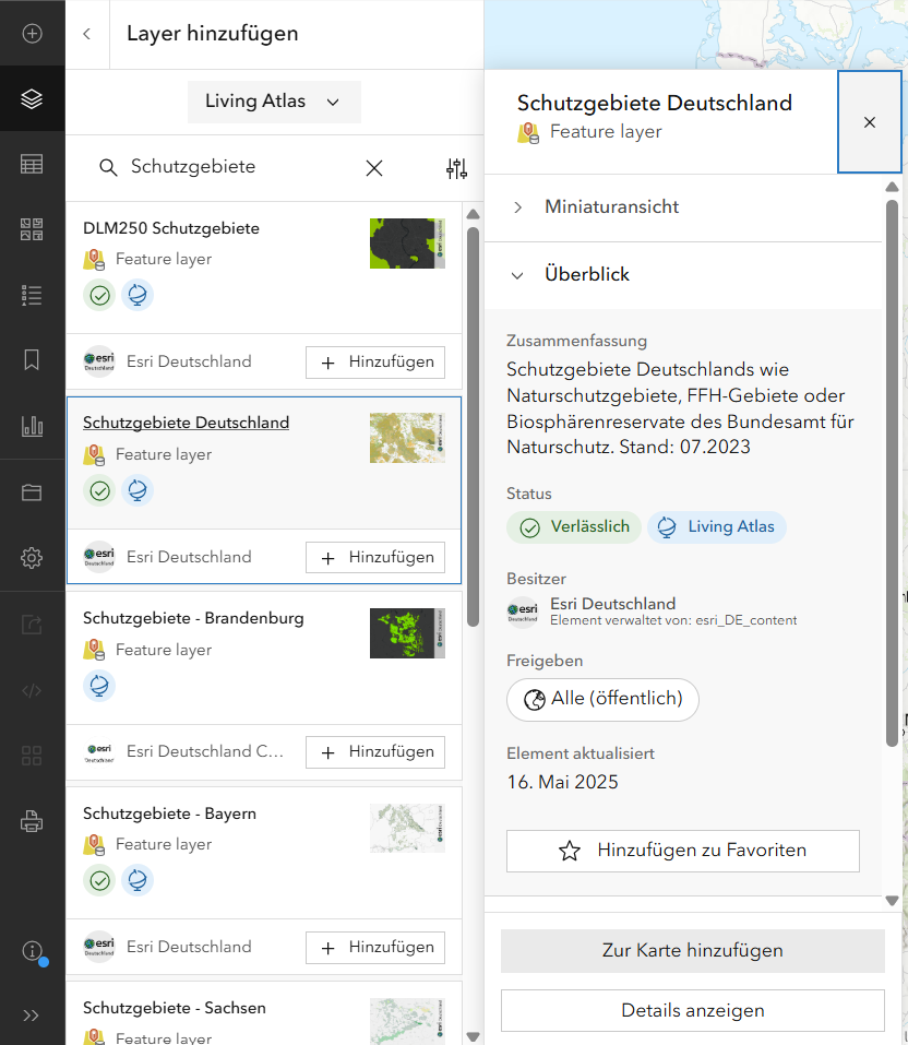 Abbildung 2: Mit Klick auf ein Suchergebnis im ArcGIS Online Map Viewer kommt man zu weiteren Informationen wie der Zusammenfassung 