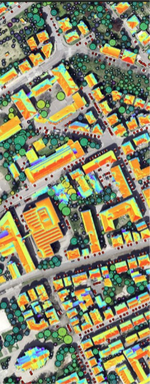 Luftbild eines Stadtquartiers mit KI-gestützter Geodatenanalyse, farbcodierten Gebäuden und markierten Bäumen zur automatisierten Objekterkennung und urbanen Bestandsaufnahme.