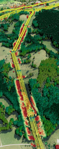 3D-Geodatenanalyse eines Infrastrukturkorridors mit KI-gestützter Erkennung und Bewertung von Vegetation entlang einer Trasse zur Risiko- und Zustandsanalyse.