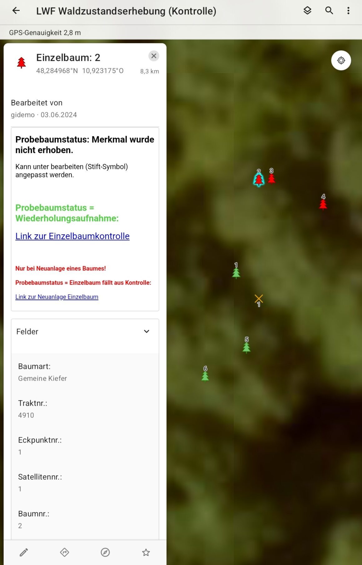 Oberfläche in ArcGIS Field Maps bei der Waldzustandserhebung
