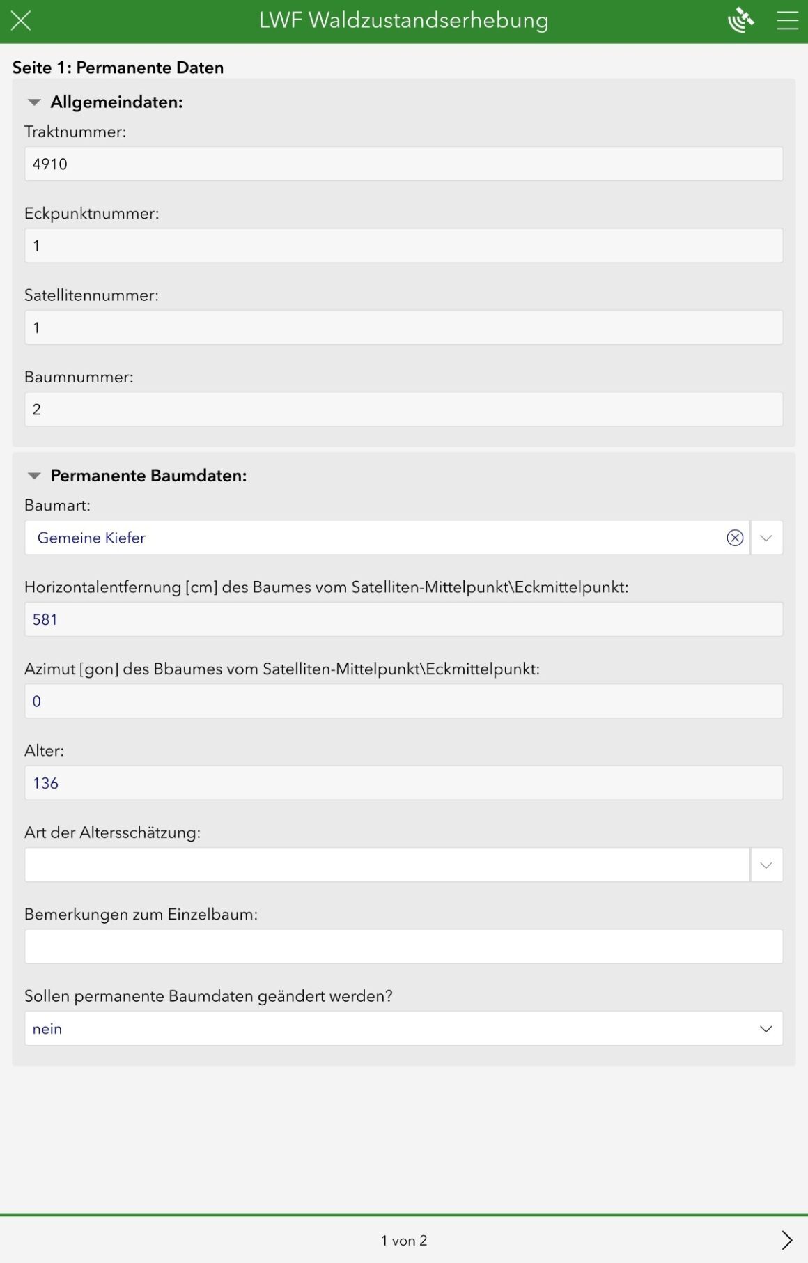Oberfläche in ArcGIS Survey123 bei der Waldzustandserhebung
