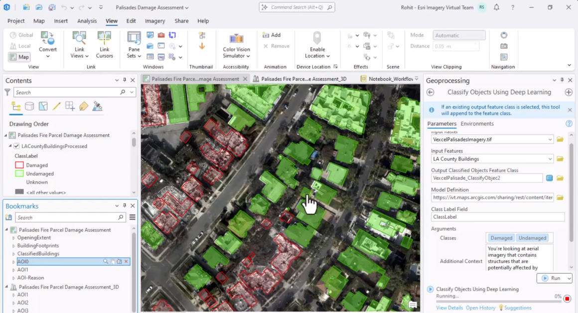 Red features represent damaged buildings