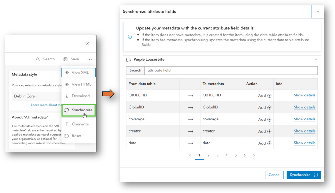 Screenshot der ArcGIS Online Funktion ‚Synchronize attribute fields‘, die zeigt, wie Attributfelder aus einer Datentabelle mit Metadatenfeldern abgeglichen und aktualisiert werden, einschließlich Feldzuordnung und Synchronisierungsoptionen.