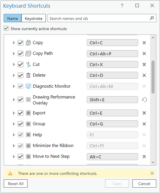 Keyboard Shortcut Fenster in ArcGIS Pro 3.2
