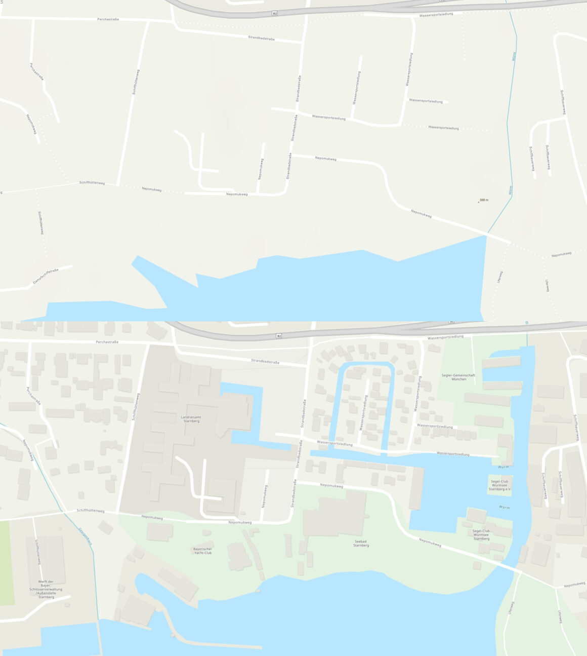 Unterschiede durch Datenanreicherung bei der topografischen Grundkarte von Starnberg in Bayern
