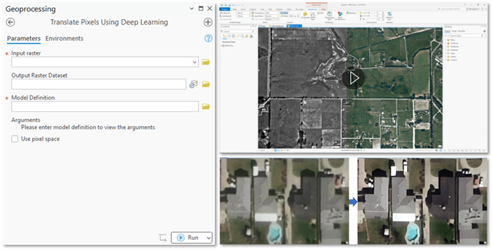 Geoverarbeitungsoberfläche in ArcGIS Pro mit dem Werkzeug „Translate Pixels using Deep Learning“, einschließlich Eingabe- und Ausgabeparametern sowie Beispielbildern für Bildkolorierung und Super-Resolution von Satelliten- und Luftaufnahmen.