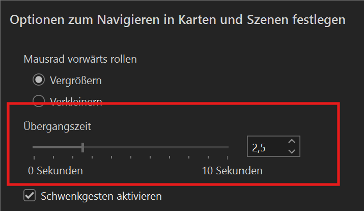 Übergangszeit beim Schwenk zwischen Lesezeichen oder Layer-/Feature-Zoom 