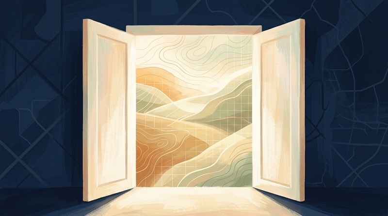 Illustration eines geöffneten Durchgangs, der den Blick auf eine stilisierte Landschaft mit Höhenlinien und Kartenmustern freigibt. Das Motiv symbolisiert den einfachen Zugang zu geografischen Informationen und GIS-Technologien.
