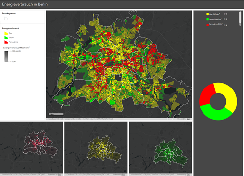 Interaktive Karte von Berlin zur Visualisierung des Energieverbrauchs nach Stadtgebieten. Farbcodierte Bereiche zeigen niedrigen (grün), mittleren (gelb) und hohen (rot) Energieverbrauch, ergänzt durch Diagramme und Detailkarten.