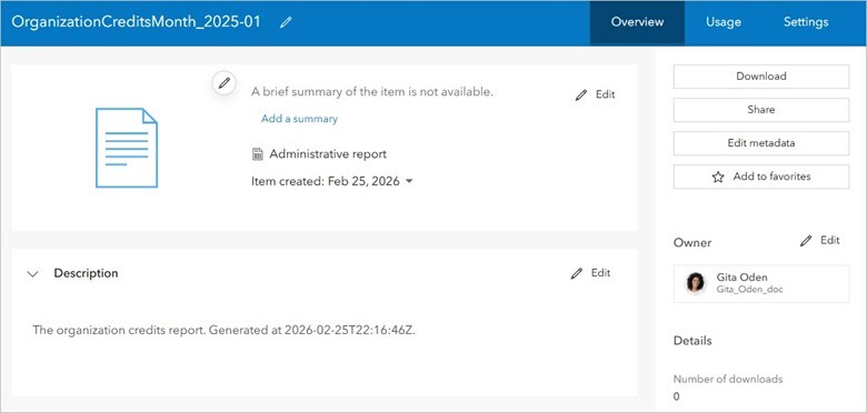 Screenshot von der Elementseite eines Berichts in ArcGIS.