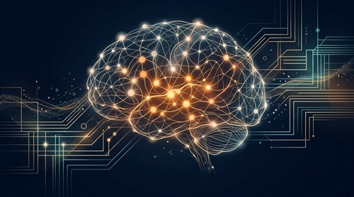 Illustration eines digitalen Gehirns aus vernetzten Lichtpunkten und Linien, umgeben von Schaltkreisstrukturen. Die Grafik symbolisiert Künstliche Intelligenz, Automatisierung und intelligente Datenverarbeitung.