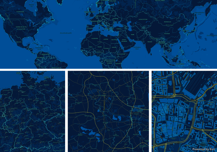 Dunkle digitale Grundkarte in mehreren Zoomstufen mit Weltansicht, Deutschlandkarte, regionalem Straßennetz und detaillierter Stadtkarte.