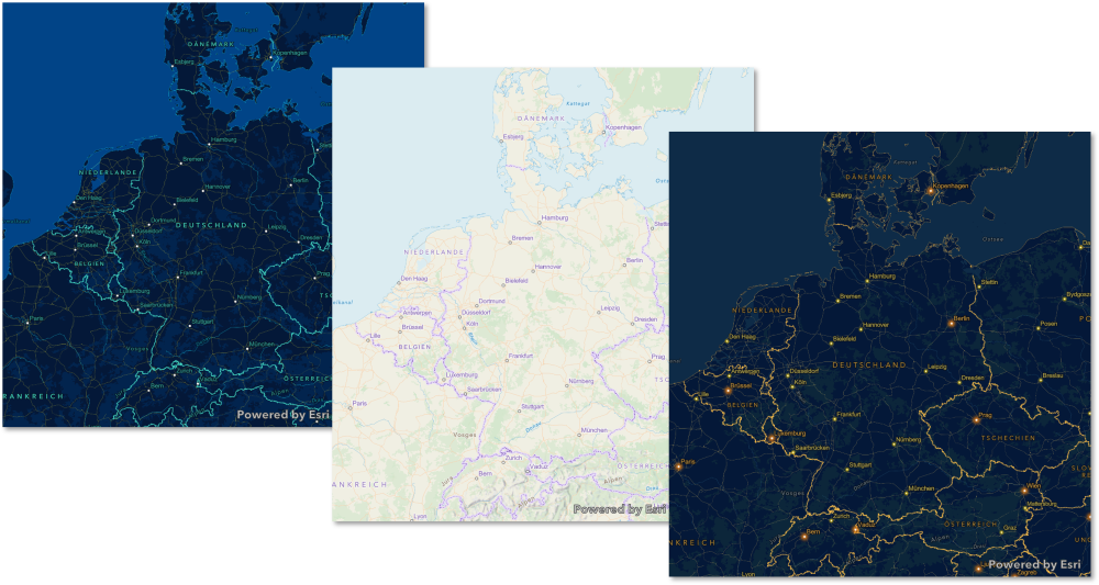 Vergleich verschiedener digitaler Grundkarten Deutschlands mit heller Referenzkarte sowie zwei dunklen Kartenstilen für GIS-Anwendungen.
