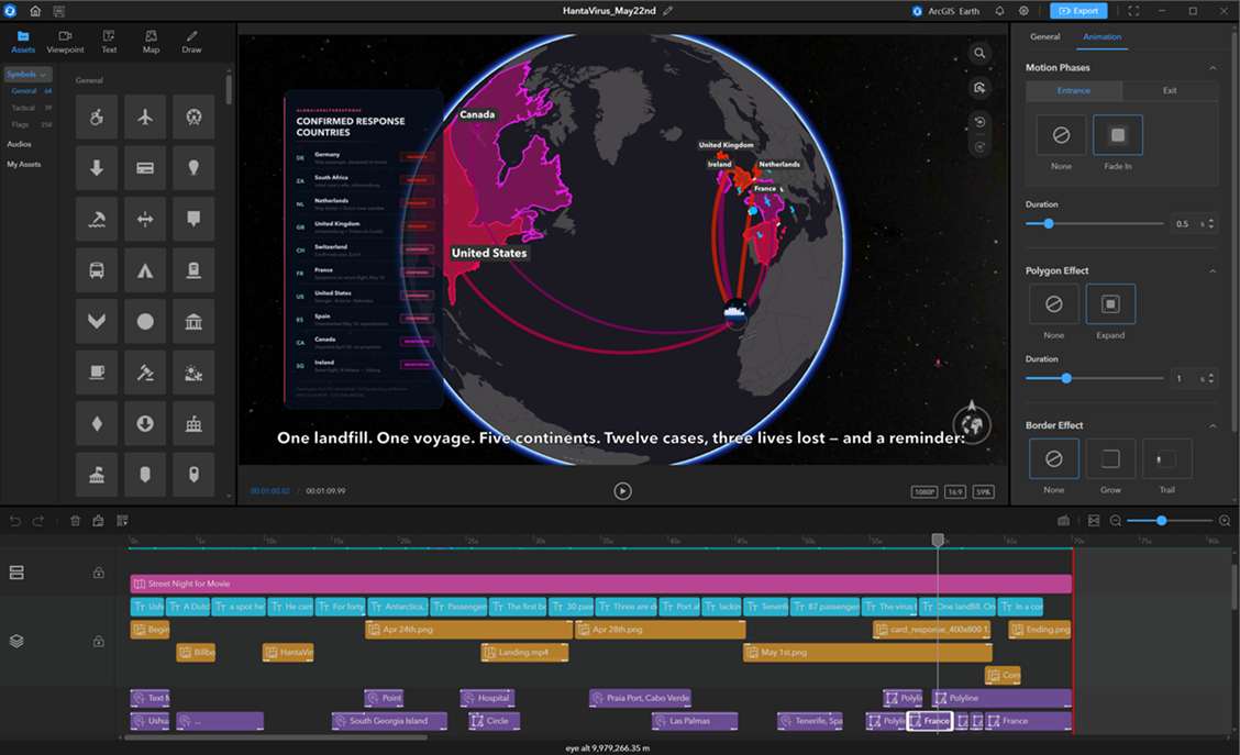 Oberfläche von ArcGIS Earth zeigt das Erstellen einer animierten Präsentation mit Film in Beta