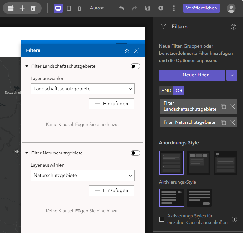 Konfiguration mehrerer Filter im ArcGIS Experience Builder. Für die Layer Landschaftsschutzgebiete und Naturschutzgebiete werden benutzerdefinierte Filter eingerichtet, um die angezeigten Daten gezielt einzuschränken.
