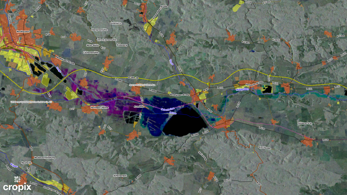 Farbkomposit aus Sentinel-1 Radardaten zeigt Überschwemmungen zu drei verschiedenen Zeitpunkten
