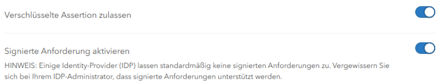 Screenshot der Einstellungen eines Single-Sign-On-Dienstes mit aktivierten Schaltern für „Verschlüsselte Assertion zulassen“ und „Signierte Anforderung aktivieren“.