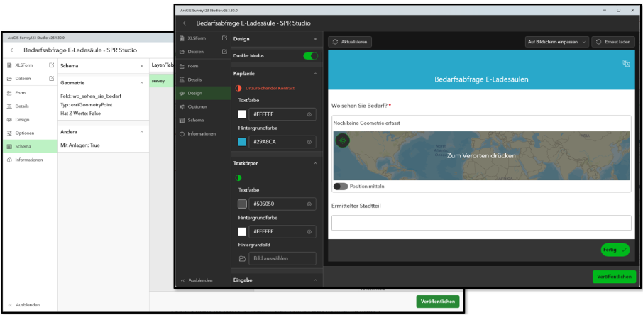 ArcGIS Survey123 Studio mit Vorschau eines Formulars zur Bedarfsabfrage von E-Ladesäulen im Hell- und Dunkelmodus sowie Anpassungsmöglichkeiten für Design und Darstellung.