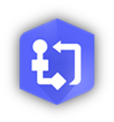 Blaues Icon mit stilisierter Person und Pfeilen, die einen Workflow oder Bearbeitungsprozess darstellen.