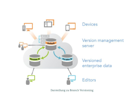 Diagramm zum Branch Versioning mit Datenbankversionen, Pfeilen und Verbindungen zwischen Geräten, Server und Bearbeitenden.